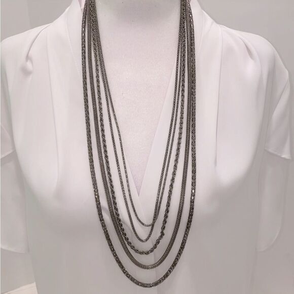 Multi Layered Silver Tone And Gun Metal 5 Layer Chain Necklace - Picture 8 of 11